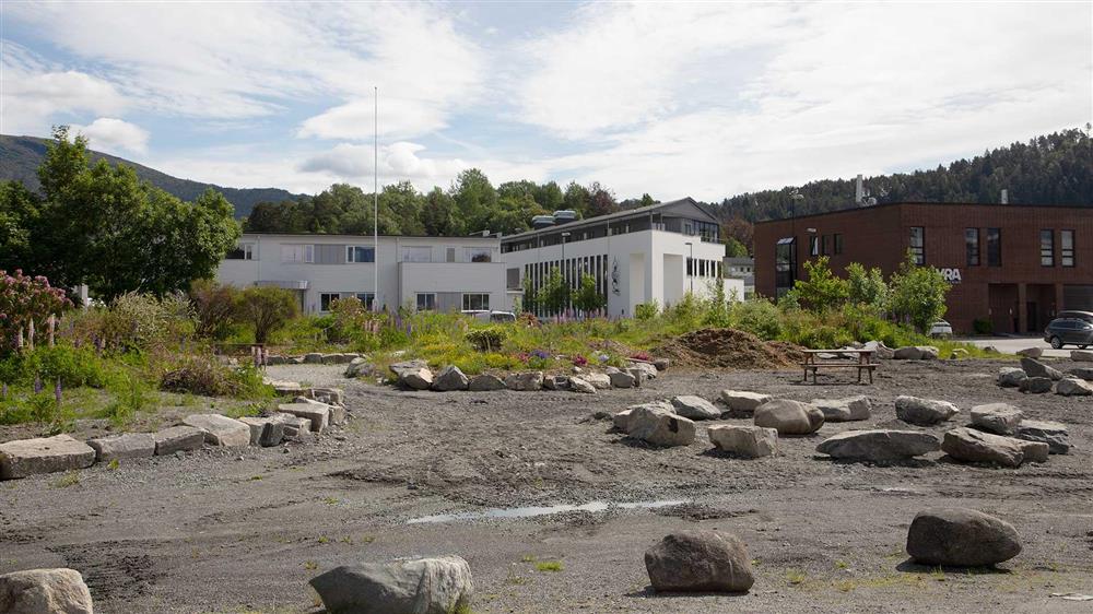 Grus, steiner, blomster og benk - Klikk for stort bilete