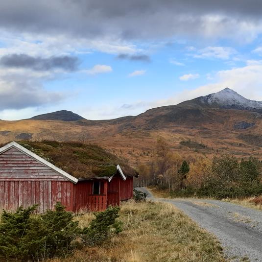 Høstligbilde av en grusvei, fjell og et gammelt hus