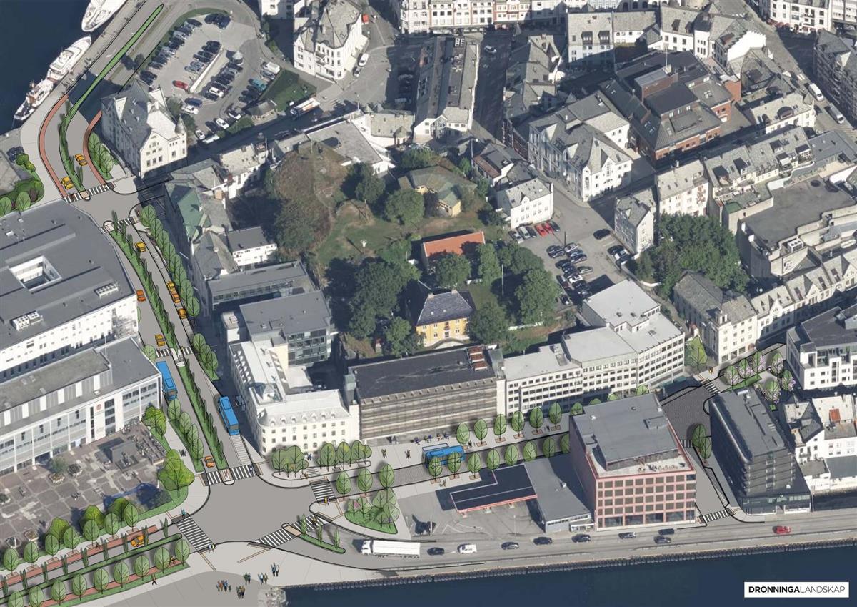 Illustrasjon over korleis Ålesund sentrum vil blå sjåande ut etter bygginga av det nye kollektivknutepunktet i Ålesund sentrum - Klikk for stort bilete