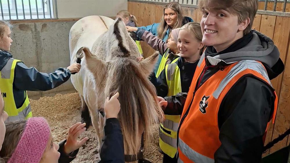 Flere barn stelleren hest sammen - Klikk for stort bilete