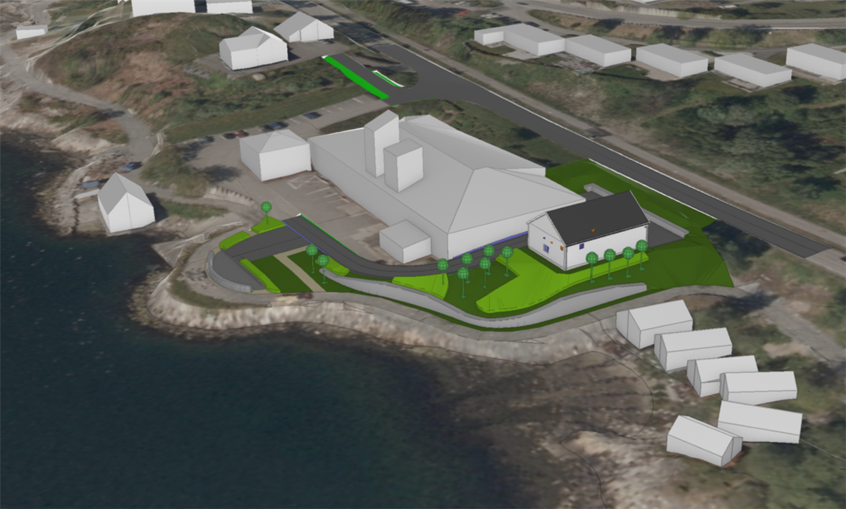 illustrasjon av hus og naust ved åse reinseanlegg - Klikk for stort bilete