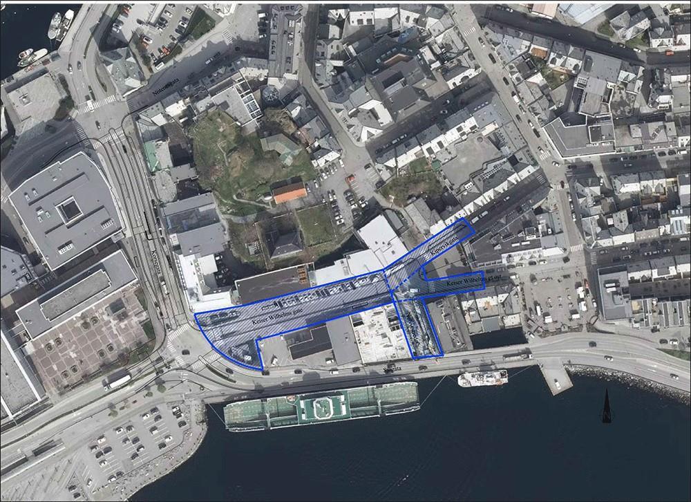 Oversiktsbilde over byggefase 3, der det skal føregå overflatearbeid i Keiser Wilhelmsgate, Kipervikgata og Nelvikstredet - Klikk for stort bilete