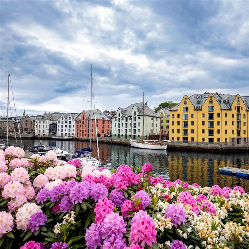 Blomster, vann, seilbåter og bygninger